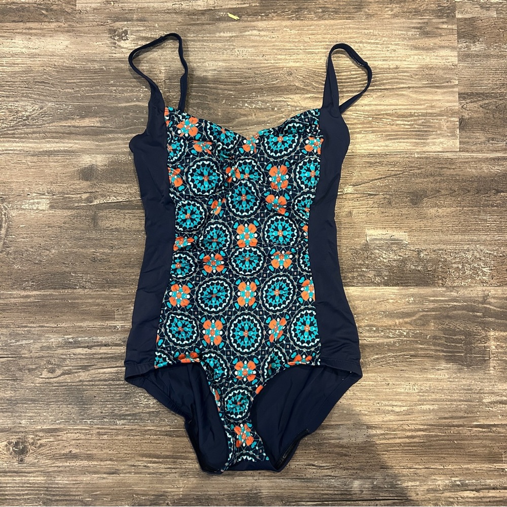 Gabar slimming color block swimsuit bathing suit sz 14 navy blue  teal orange
